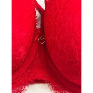 Cacique Red Lace Boost Balconette Bra 38F Heart Charm Underwire Eyelash Trim